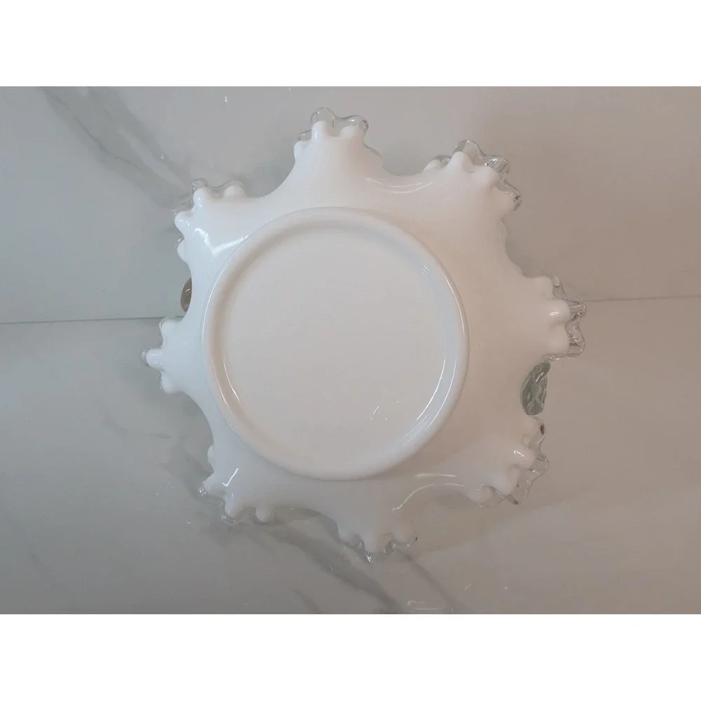 Fenton Milk Glass Basket White Silver Crest Ruffled Edge Clear Bamboo Handle